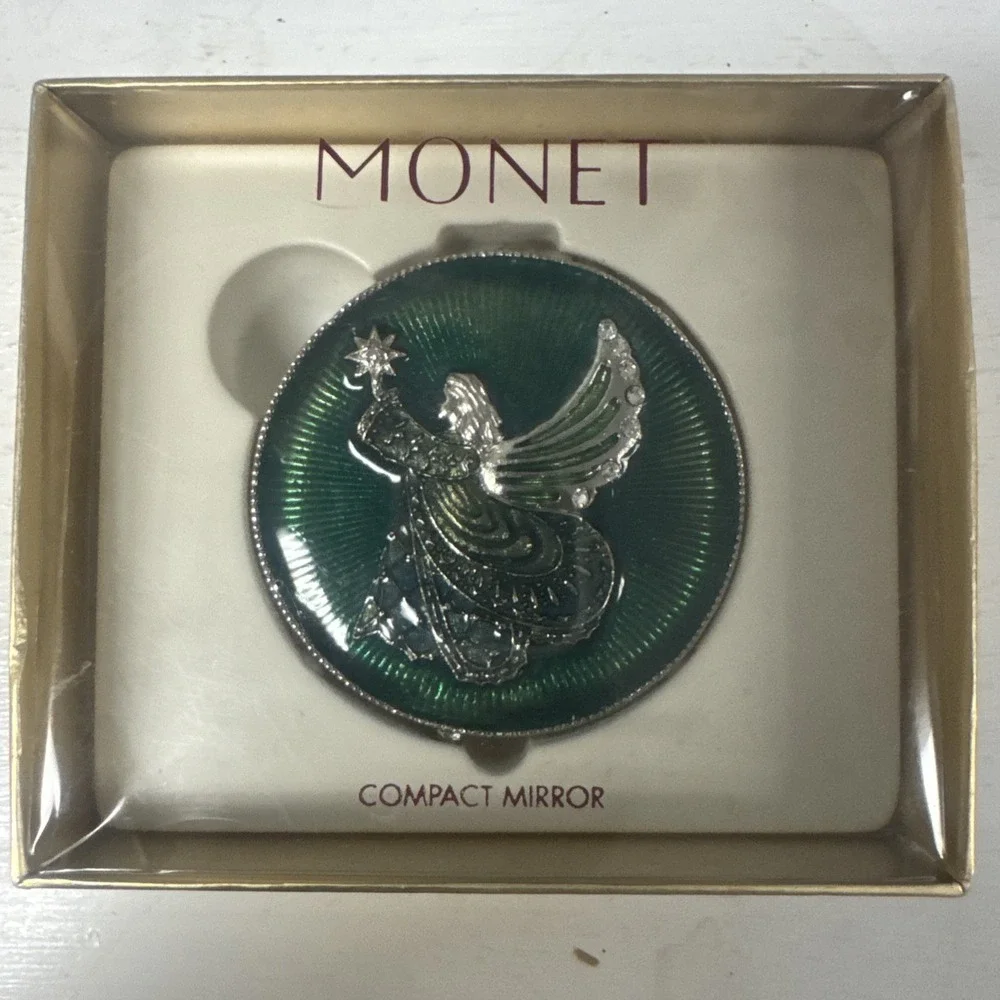 MONET Green Angel Compact Collectible Keepsake Hinged Double Mirror Crystals